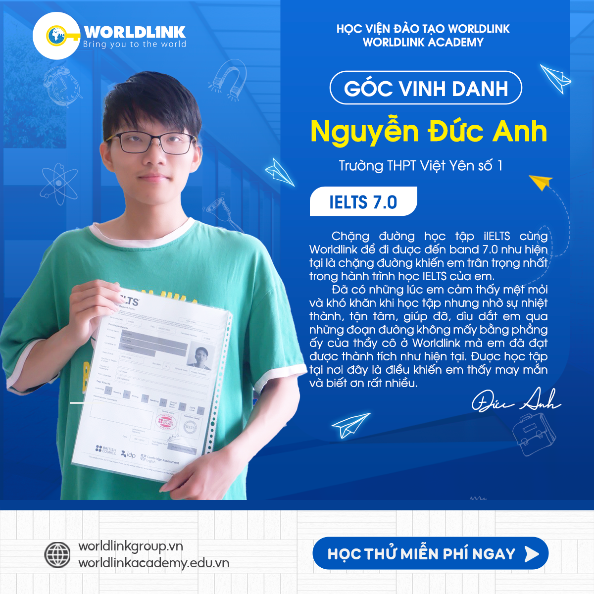 Học viên Nguyễn Đức Anh - IELTS 7.0 Overall